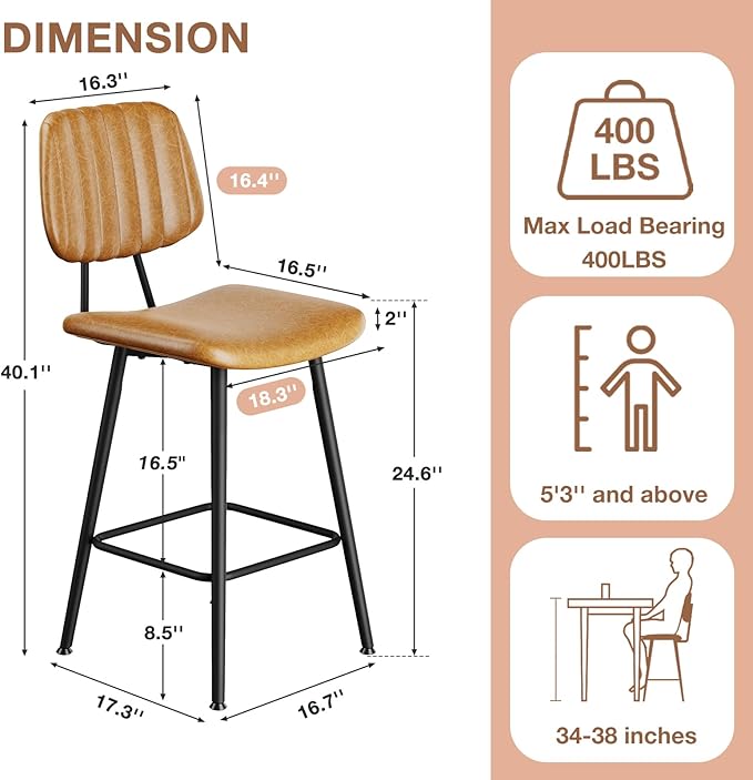 24-Inch Leather Bar Stools Set of 2, Counter Height Barstools with High Backrest，Bar Chairs for Kitchen Island with Heavy Duty Metal Legs, Brown