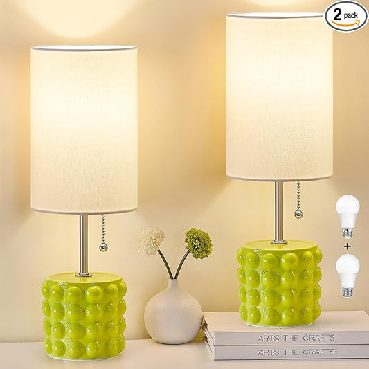 GyroVu Ceramic Small Table Lamp Set of 2, Adjustable Color Temperature Bedside Nightstand Lamps with Pull Chain for Bedroom Living Room Reading, Green, 2 Bulbs