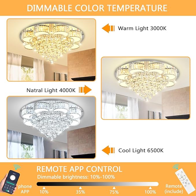 31.4'' Silver Modern Crystal Chandeliers for Dining Room LED Dimmable Light Fixtures Flush Mount Light Living Room Bedrooms
