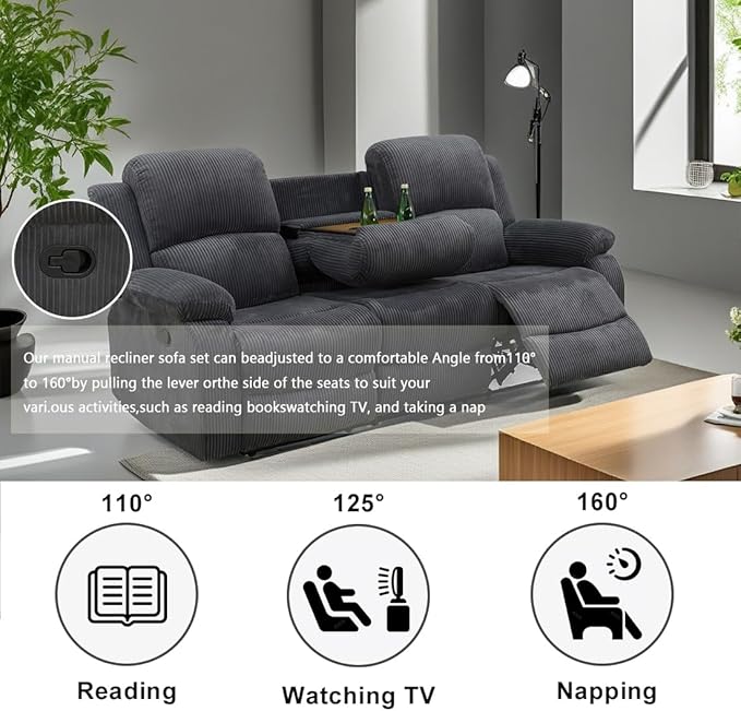 Modern Manual Reclining Sofa 3 Seater Fabric Recliner Couch Living Room Couch with Dual Cup Holders and Drop Down Table for Living Room/Office/Rv Car (Grey, 3 Seater Sofa)