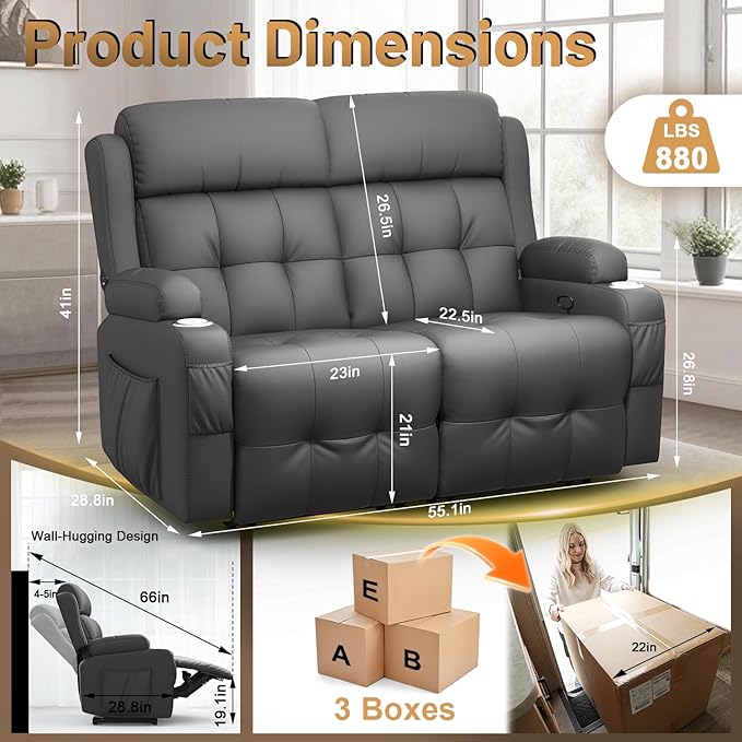 Loveseat Recliner, Oversized Reclining Loveseat, Pebble Texture Reclining Sofa With USB/Type C & Storage & Cup Holders, Recliner Couch, RV Wall Hugger Recliners Loveseat Clearance for Living Room & RV