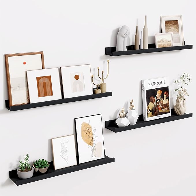 Fun Memories Picture Ledge Shelf - 24 Inches Floating Shelves Set of 4 - Floating Shelves with Lip for Storage - Wood Bookshelf Wall Mounted for Bedroom - Living Room - Kitchen - Black Color