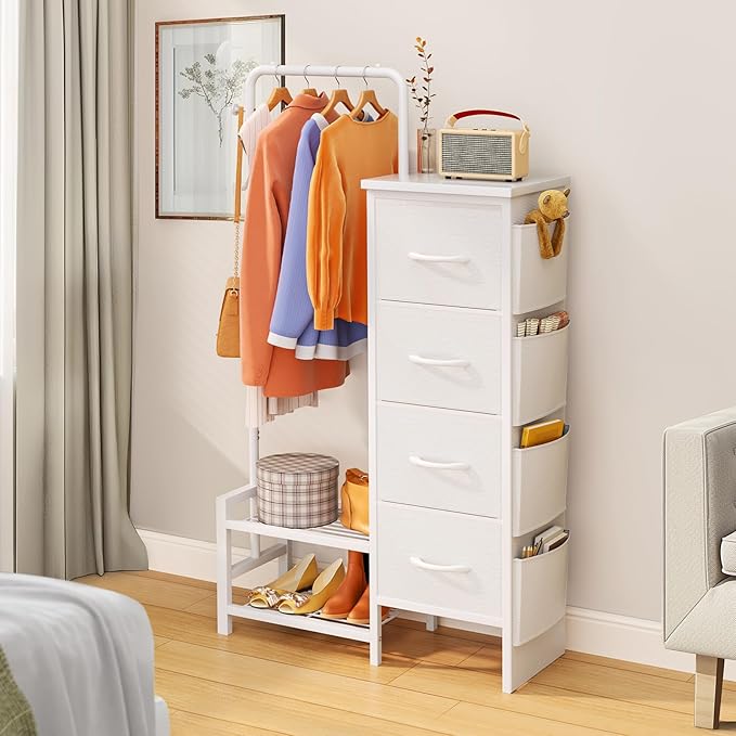 Dresser with Hanging Rack - 52" Tall Clothes Rack with Drawers, 4 Drawers & 4 Side Bags, Fabric Chest of Drawers with with Bottom Shelves, Kids Dresser for Bedroom, Living Room-White