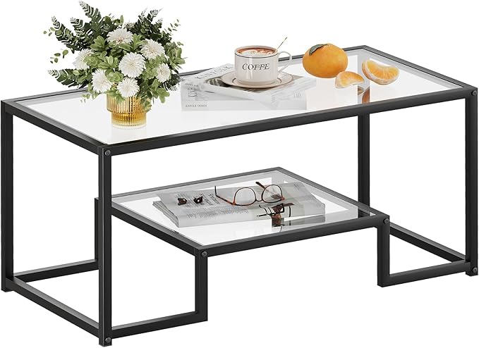 Coffee Table Black Glass Coffee Table for Living Room,2 Tiers Rectangle Center Table with Sturdy Metal Frame,Modern Tempered Glass Accent Table for Bedroom Home Office