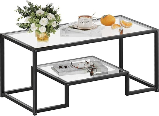 Coffee Table Black Glass Coffee Table for Living Room,2 Tiers Rectangle Center Table with Sturdy Metal Frame,Modern Tempered Glass Accent Table for Bedroom Home Office