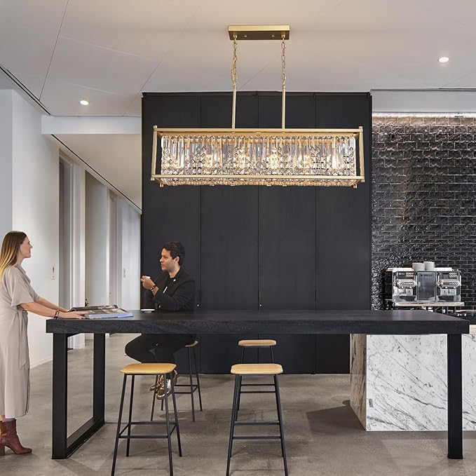 Q&S Modern Rectangular Crystal Chandelier,Gold Rectangle Chandeliers for Dining Room Luxury 6 Lights for Kitchen Island Bar Living Room Pool Table Hotel Office Restaurant L37.5 UL Listed