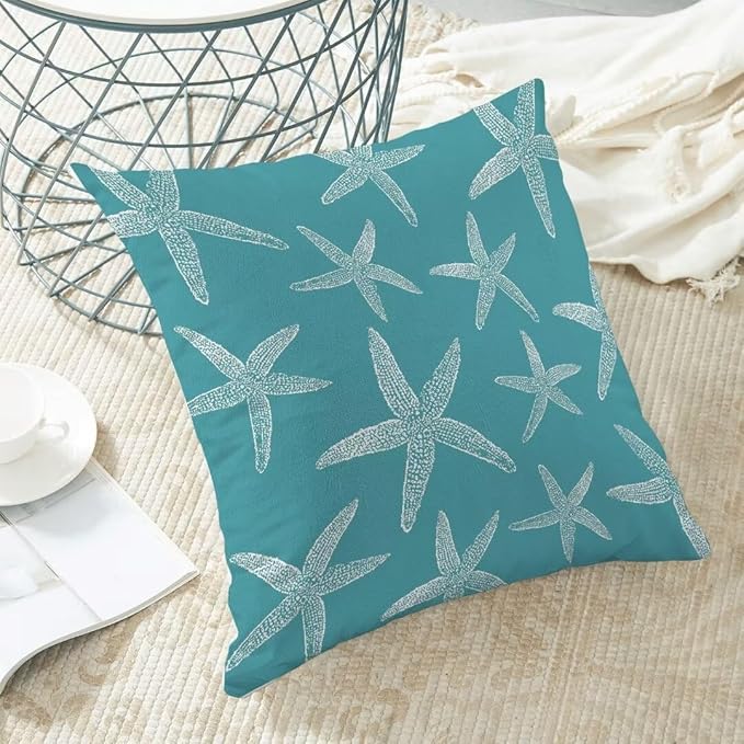 BETGINY Nautical Coastal Throw Pillow Cover 18X18 Inch Pack of 2,Summer Aqua Teal Turquoise Starfish Decorative Pillow Covers Square Linen Beach Ocean Pillow Cases Cushion for Couch Sofa Home Decor