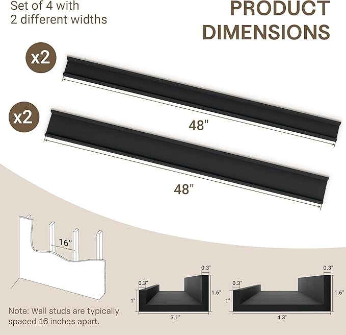 Fun Memories Picture Ledge Shelves Set of 4-48 Inch Shelves with Lip - Large Nursery Bookshelf for Storage - Floating Shelf Wall Mounted for Living Room - Bedroom -Kitchen - Black Color