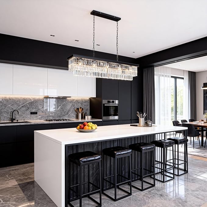 12-Lights Modern Rectangular Crystal Chandeliers Rectangle Contemporary Linear Pendant Ceiling Light Fixture for Kitchen Island Dining Room Bar, Black 47 Inch