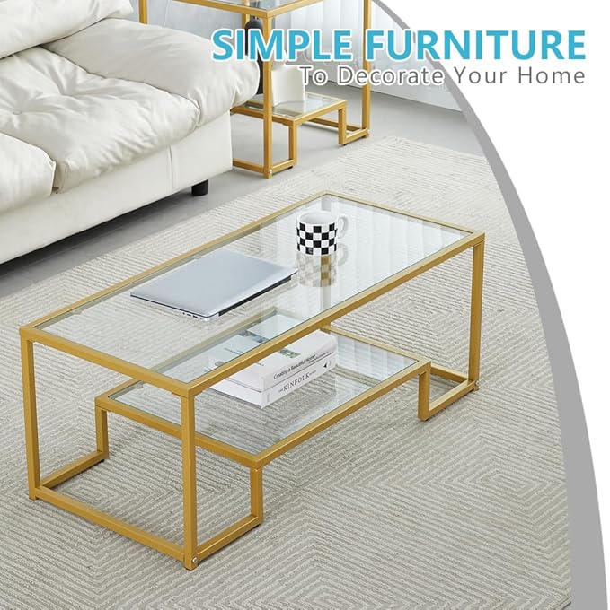 Golden Metal Glass Coffee Table - Two-Tiered with Tempered Glass, Stylish Metal Frame Coffee Table for Bedroom, Dining Room, Office Room.