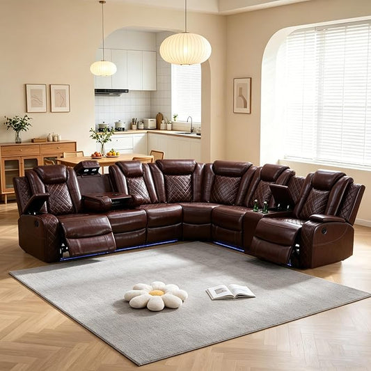 Power Reclining Sectional Sofa for Living Room – Brown Leather Sectional with Recliner, LED Lights, Storage Console & Cup Holders, Comfortable Family Couch