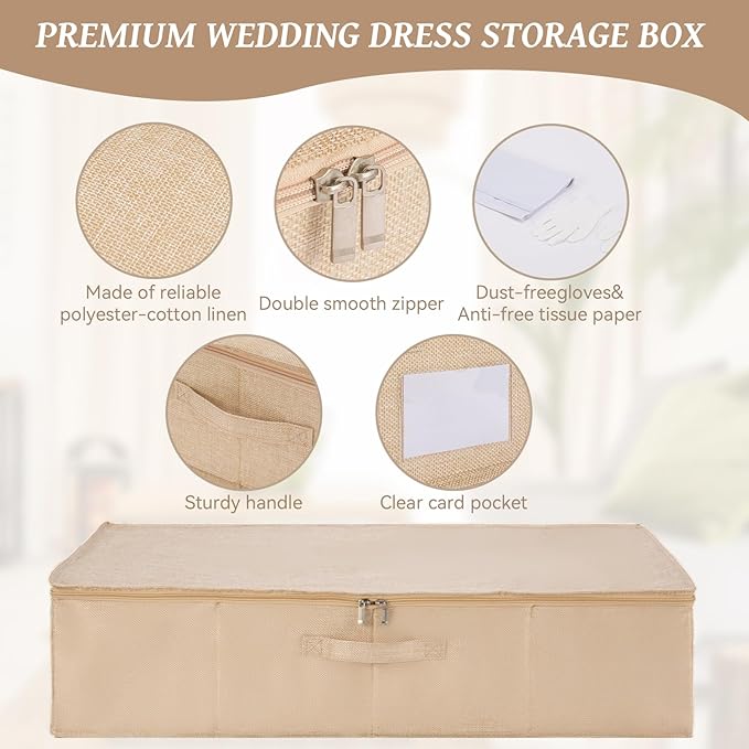 CINPIUK Wedding Dress Storage Box with 40 Sheets Large Acid Free Tissue Paper and 1 Pair Microfiber Gloves, Wedding Gown Preservation Box for Bridal Essentials