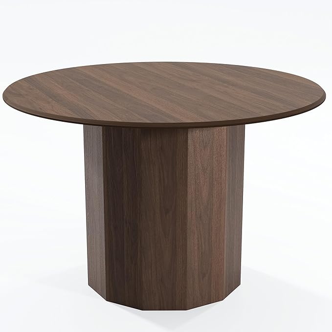Casaphoria 46" Round Dining Table, Modern Wood Kitchen Table with Cylinder Polygonal Base for Living Room & Dining Room, Easy Assembly Farmhouse Furniture for 4-6, Walnut