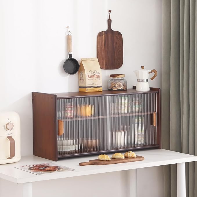 Tiita Small Kitchen Pantry Cabinet, Bamboo Wall Sideboard with Glass Doors, Cupboard Food Pantry Cabinet for Kitchen, Living Room and Dinning Bedroom