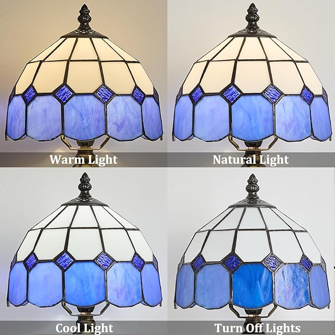 Table Lamp Tiffany-Style 8 Inch Mediterranean Series Stained Glass Lampshades Small Bedside Lamp Reading Antique Desk Light Livingroom Bedroom Office Vintage Art De(Color:Blue)