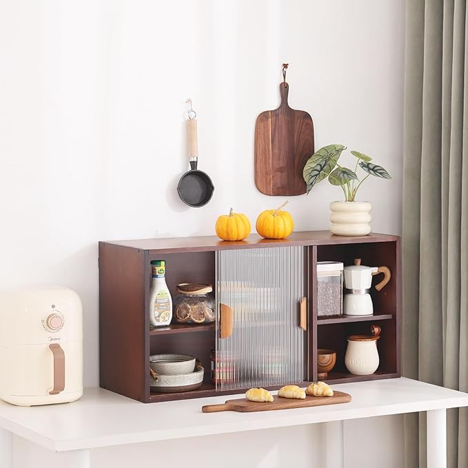 Tiita Small Kitchen Pantry Cabinet, Bamboo Wall Sideboard with Glass Doors, Cupboard Food Pantry Cabinet for Kitchen, Living Room and Dinning Bedroom