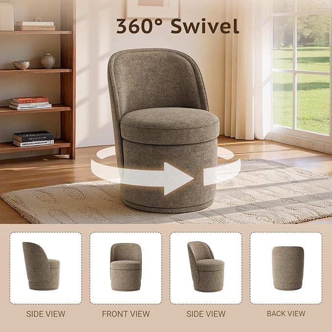 Swivel Accent Chair Set of 2, 360° Swivel Round Chair with Hidden Storage, Modern Small Barrel Armchair for Living Room/Bedroom, Brown