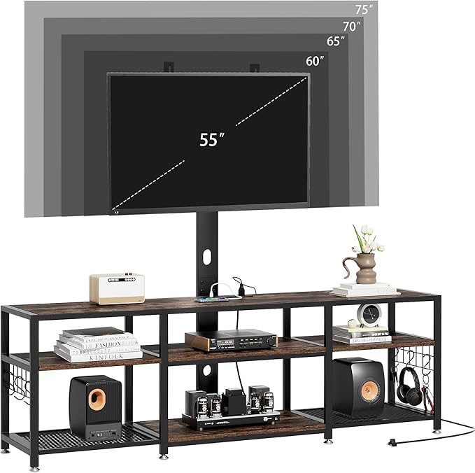 VECELO TV Stand with Mount and Power Outlet, Height Adjustable Entertainment Center with Storage Shelves for 32/55/65/70/75 inches Televisions, Console Table for Living Room, Bedroom, Rustic Brown