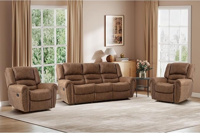 EBELLO Manual Recliner Sofa Set, Faux Leather Reclining Living Room Set, Included Two Single Recliner Chairs and One 3-seat Manual Sofa, Vintage Rivet Mid-Century Design for Living Room, Brown