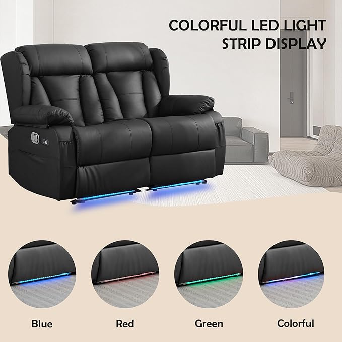 59" Loveseat Recliner Sofa, Manual Reclining Double Loveseat with USB-A & USB-C Ports/LED Lights, RV Couch for Living Room & Home Theater with Cup Holders/Side Pockets (Black with LED)
