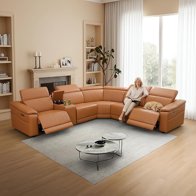 Power Recliner Sectional Couch, Breathing Leather Living Room Furniture Set, Reclining Corner Sectional Sofa with Storage Console/Cup Holders for Home/Office (Caramel, 5 Seater Couch)