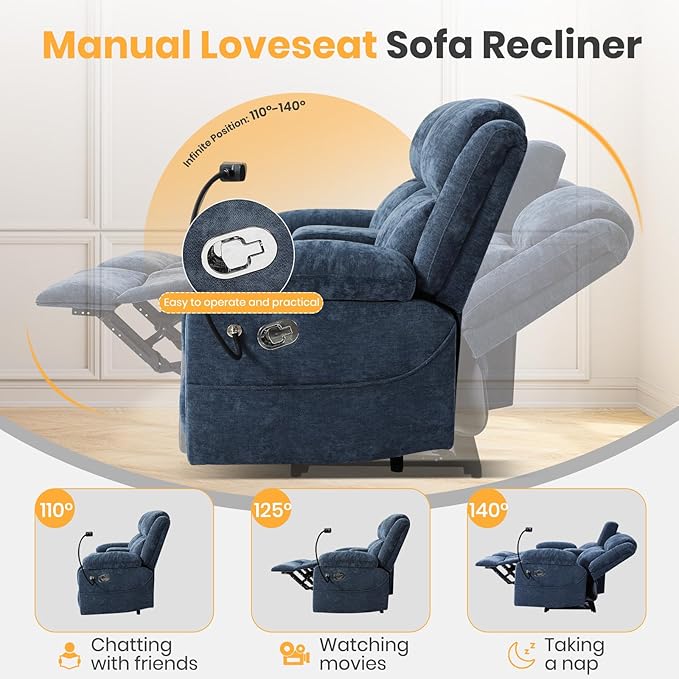 Loveseat Recliner Sofa, Reclining Loveseat with Console, RV Wall Hugger Double Loveseat Recliner Couch for Living Room & Home Theater (Blue)