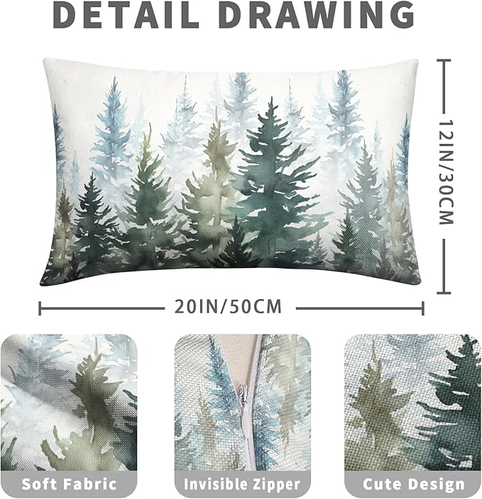 Watercolor Dark Green Christmas Tree Lumbar Pillow Covers 12x20 Set of 2 Winter Rustic Nature Forest Throw Pillow Covers Xmas Pine Trees Linen Pillow Cases for Farmhouse Living Room Decor