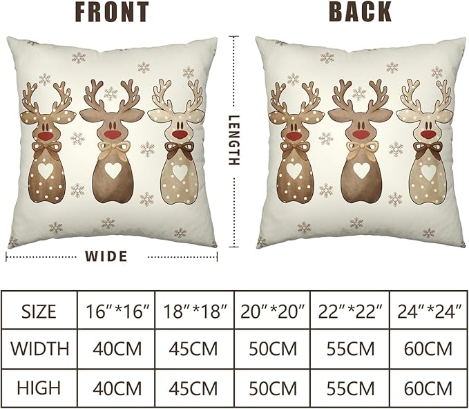Christmas Reindeer Snowflakes Pillow Covers 22x22 Set of 2 Xmas Polka Dot Love Heart Bow Brown Elk Deer Throw Pillows Cute Winter Holiday Farmhouse Outdoor Cushion Cases for Sofa Couch