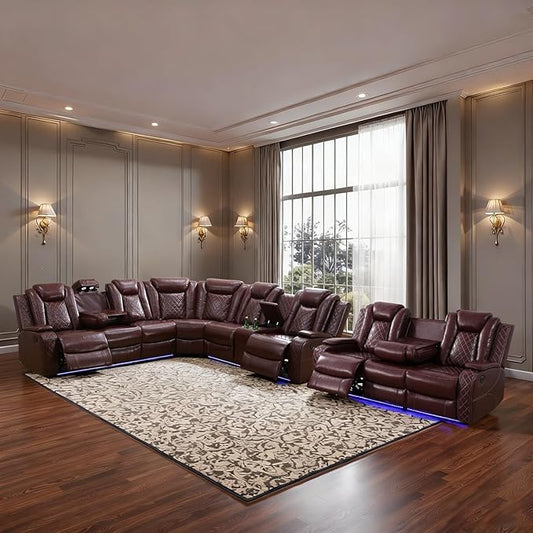Power Leather Recliner Sectional Sofa with LED Light,L Shaped Reclining Couch with USB Charger/Cup Holder/Storage,Leather Sofa for Living Room/Home Theater(Burgundy,Sectional+3 Seats)