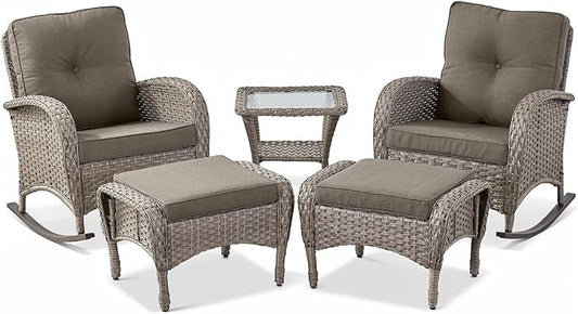 Belord 5 Piece Patio Rocking Chairs Furniture Set - Outdoor Wicker Furniture with Ottomans and Side Table, Rattan Conversation Bistro Set for Balcony Deck Porch