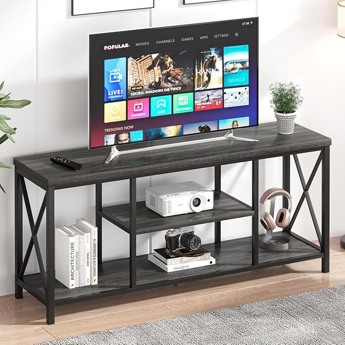 FOLUBAN Modern TV Stand for TV up to 65 Inch, Rustic Wood Entertainment Center with Storage Shelves, Industrial Media TV Console and TV Table for Living Room Bedroom, 55 Inch Dark Gray
