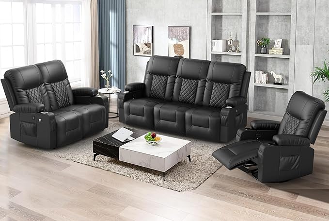 FURNIMAT Oversized Recliner Sofa Set with 3+2+1 Pieces in Living Room, 1 Reclining Loveseat Couch, 1 Recliner Chair with 360 Degree Swivel Single Sofa Seat, 3 Seats Dual Reclining Sofa with USB Ports