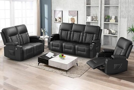 FURNIMAT Oversized Recliner Sofa Set with 3+2+1 Pieces in Living Room, 1 Reclining Loveseat Couch, 1 Recliner Chair with 360 Degree Swivel Single Sofa Seat, 3 Seats Dual Reclining Sofa with USB Ports