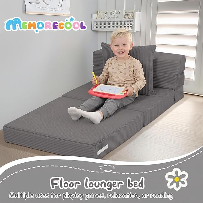MeMoreCool Kids Folding Sofa Chair – Corduroy Floor Futon, Tri-Fold Mattress, Dark Grey, Portable, Washable Cozy Fold-Out Floor Couch | Foam Lounger for Sitting, Reading, Playroom, Travel
