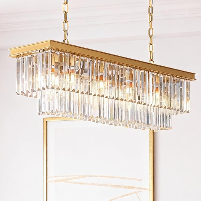 Gold Modern Rectangular Crystal Linear Chandeliers Rectangle Contemporary Pendant Ceiling Light Fixture for Kitchen Island, Dining Room, Bar, 12-Light 47 Inches