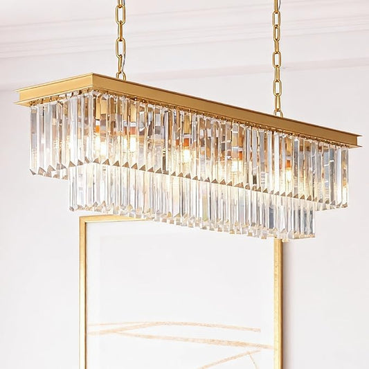Gold Modern Rectangular Crystal Linear Chandeliers Rectangle Contemporary Pendant Ceiling Light Fixture for Kitchen Island, Dining Room, Bar, 12-Light 47 Inches