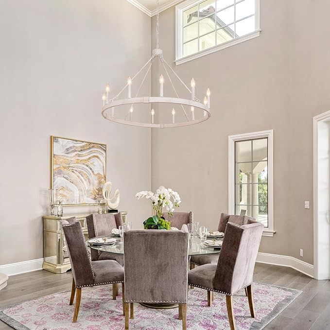White Wagon Wheel Chandelier 37.4 inch, 12-Light Large Round Industrial White Farmhouse Chandeliers for Living Room Dining Room Foyer Entryway Outdoor Porch High Ceilings
