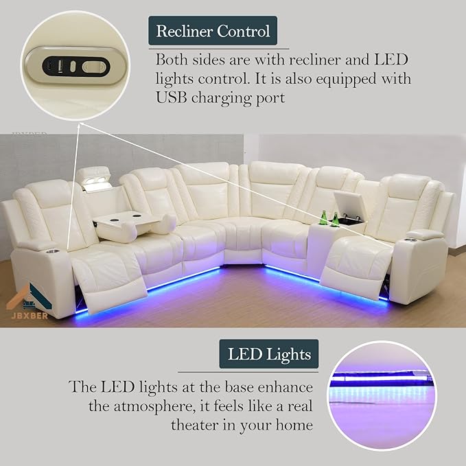 Power Recliner Sectional Sofa Set, Creamy Leather Sectional Couch for Living Room, L Shape Reclining Sofa with Cup Holder, Hidden Storage, Drop-Down Table for House(6 Seat)