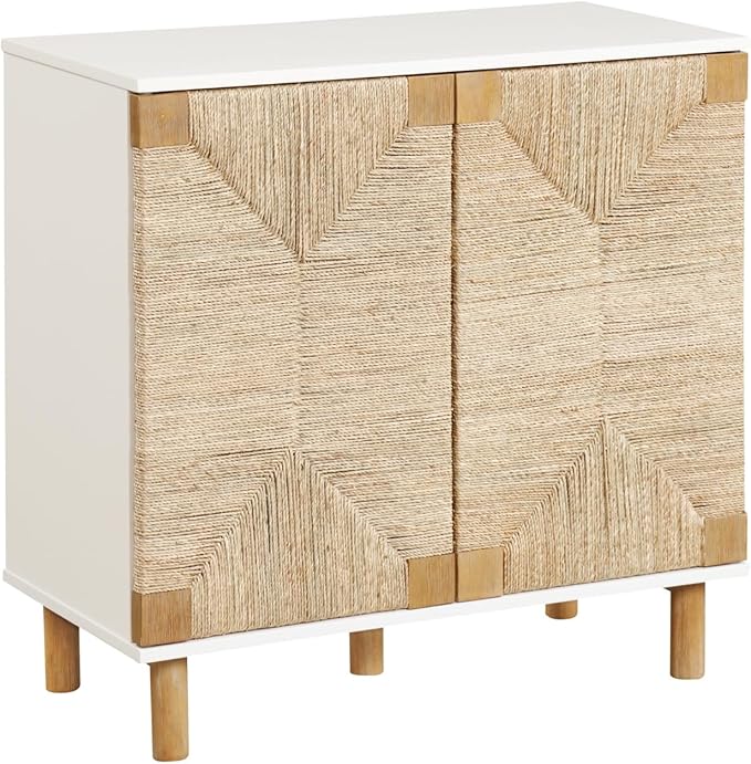 Nathan James Beacon Accent Natural Sideboard Storage Cabinet with Adjustable Interior Shelf and Seagrass Doors, for Hallway, Entryway or Dining Room, Light Brown/White
