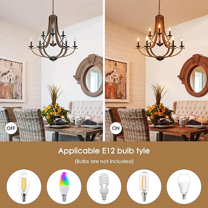 Farmhouse Chandeliers for Dining Room Light Fixture,2 Tier 9-Light 31" Adjustable Height Retro Faux Wood Texture Rustic Light Fixtures for Living Room Bedroom Foyer Entryway