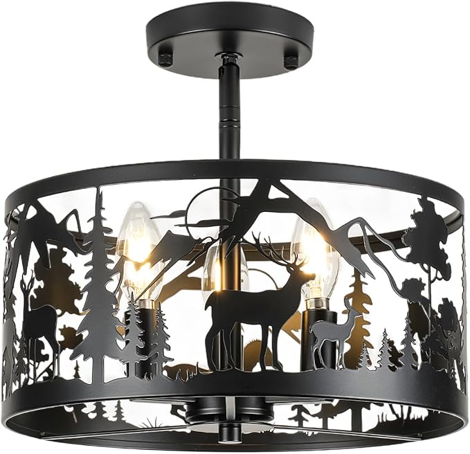 Farmhouse Rustic Ceiling Light Fixtures-Deer & Horse Design, 3-Light Round E26 Base Black Metal Fixture for Kitchen, Living Room,Foyer, Bedroom, Hallway(Bulbs not Included)