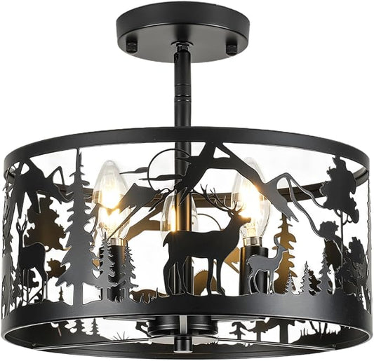 Farmhouse Rustic Ceiling Light Fixtures-Deer & Horse Design, 3-Light Round E26 Base Black Metal Fixture for Kitchen, Living Room,Foyer, Bedroom, Hallway(Bulbs not Included)
