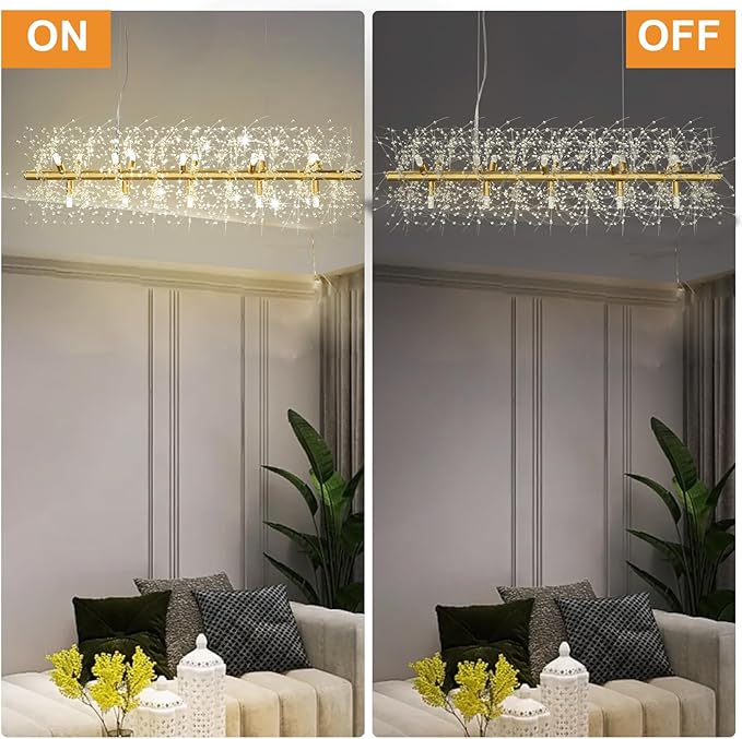 Depuley 47.2" Modern Gold Crystal Firework Chandelier, 15-Light Crystal Light Fixture Hanging, Linear Dandelion Chandelier, Sputnik Ceiling Pendant Light Fixtures for Dining Room(G9 Bulbs Included)