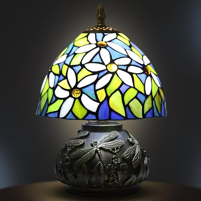 Small Tiffany Table Lamp,Stained Glass Lamp,8 Inch Mushroom Style Mini Vintage Desk Lights for Bedside, Bedroom,Nightstand,Living Room,3 Color Temperature (White Flower)