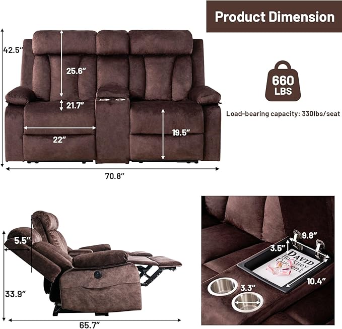 Power Loveseat Recliner Sofa with Heat and Massage, Double Recliner Loveseat with Console, RV Recliners-Wall Hugger Reclining Couch with USB & Type C for Living Room, RV,Home Theater | Heat and Massage, Console, USB & Type C