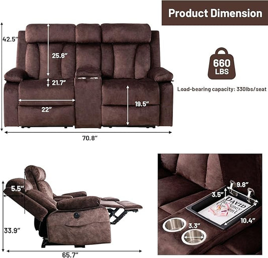 Power Loveseat Recliner Sofa with Heat and Massage, Double Recliner Loveseat with Console, RV Recliners-Wall Hugger Reclining Couch with USB & Type C for Living Room, RV,Home Theater | Heat and Massage, Console, USB & Type C