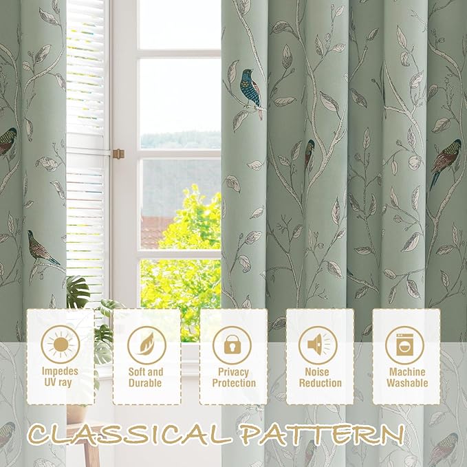 H.VERSAILTEX Blackout Curtains for Bedroom 96 Inches Length Thermal Insulated Birds Rustic Printed Curtain Drapes for Living Room Energy Efficient Room Darkening Home Decoration Pair 2 Panels, Sage
