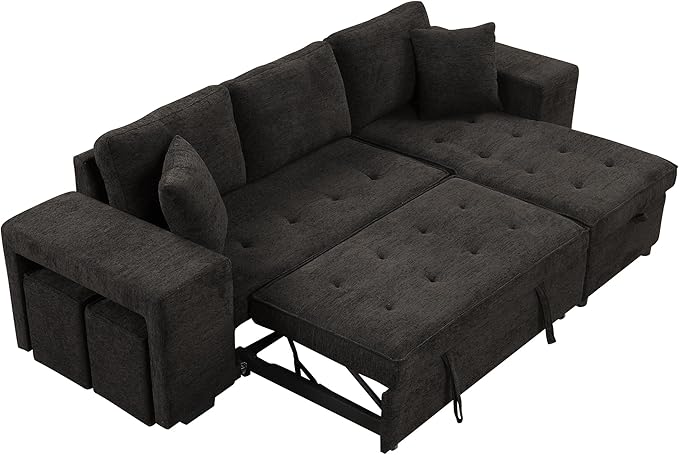 Merax 3 Seat Reversible Sectional Couch, Modern L-Shape Pull Out Sleeper Sofa with Storage Chaise and 2 Stools for Living Room Furniture Set, Gray