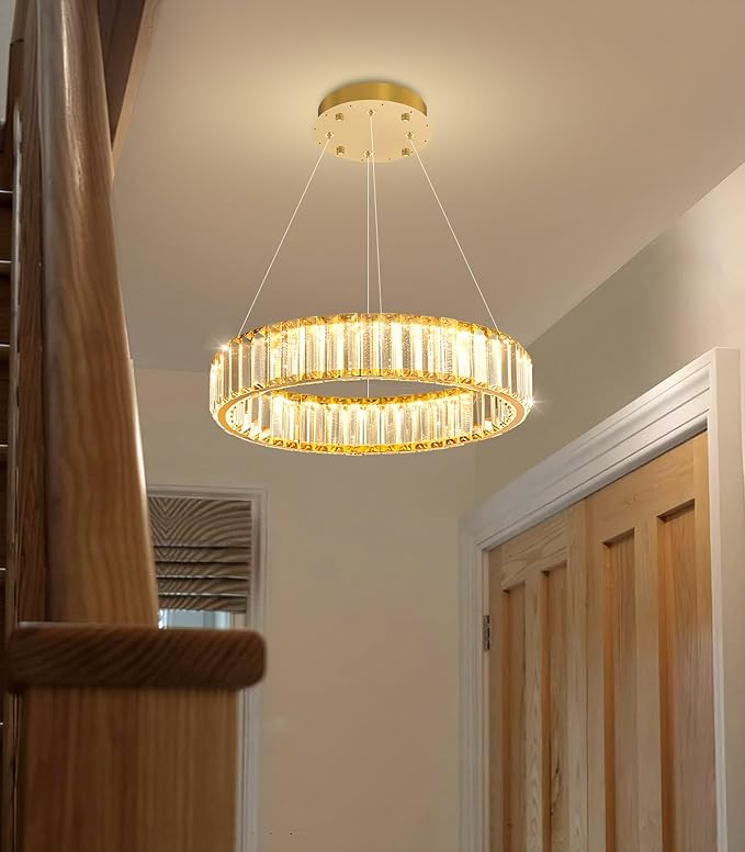 8'' Modern Ring Chandelier Crystal Chandeliers for Dining Room Round LED Dimmable Ceiling Light Fixture for Living Room Bedroom Lighting Gold