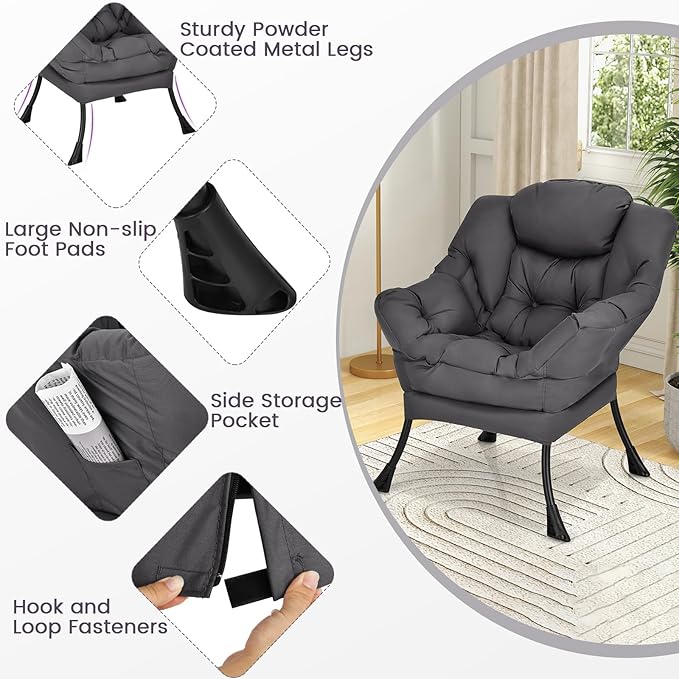 KOMFOTT Modern Accent Chair, Soft Upholstered Lazy Sofa with Side Pocket & Armrests, Single Sofa Armchair, Leisure Sofa Chair for Living Room, Bedroom, Gray